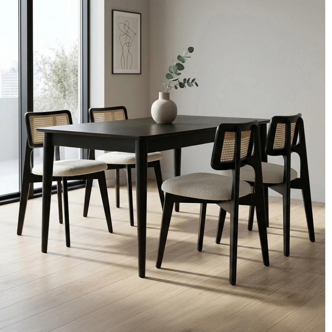 Panel Masa & Zion Sandalye Takımı | 4 Kişilik Modern Siyah Yemek Seti